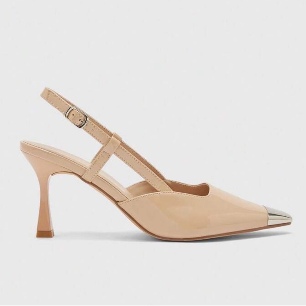 Cream beige heels with silver cap toe detail - Picture 3 of 8